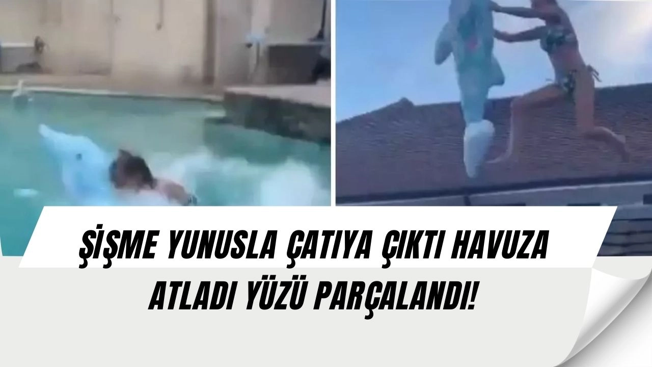 Şişme yunusla çatıdan havuza atladı, yüzü darmadağın oldu! (SİZCE NEDEN OLDU?)