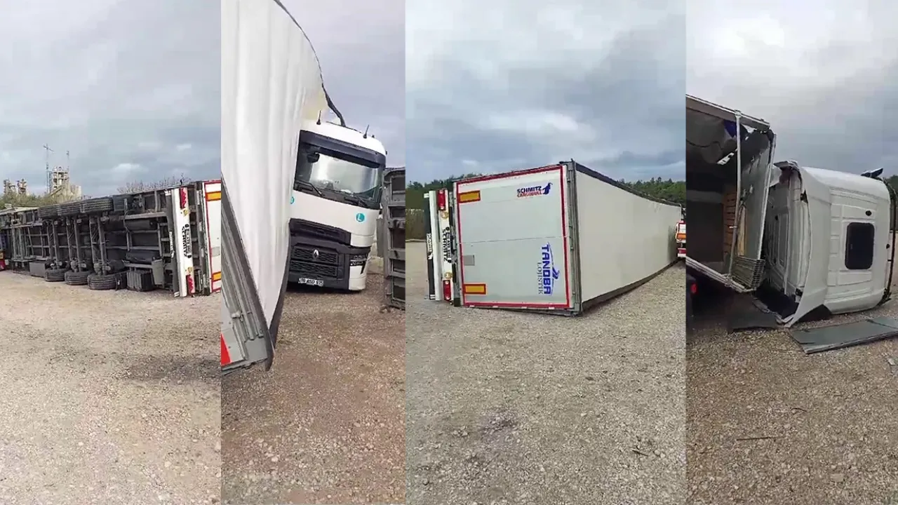 Bursa'da Fırtına Erikli Su Fabrikasındaki Tırları Devirdi